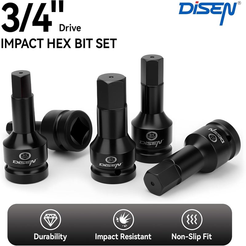 DISEN 3/4 Inch Drive Impact Hex Driver Set, 5-Piece, Metric, 14mm, 17mm, 19mm, 22mm, 24mm, CR-MO Steel, Professional Mechanic Repair 3/4” Hex Socket Set - Image 3